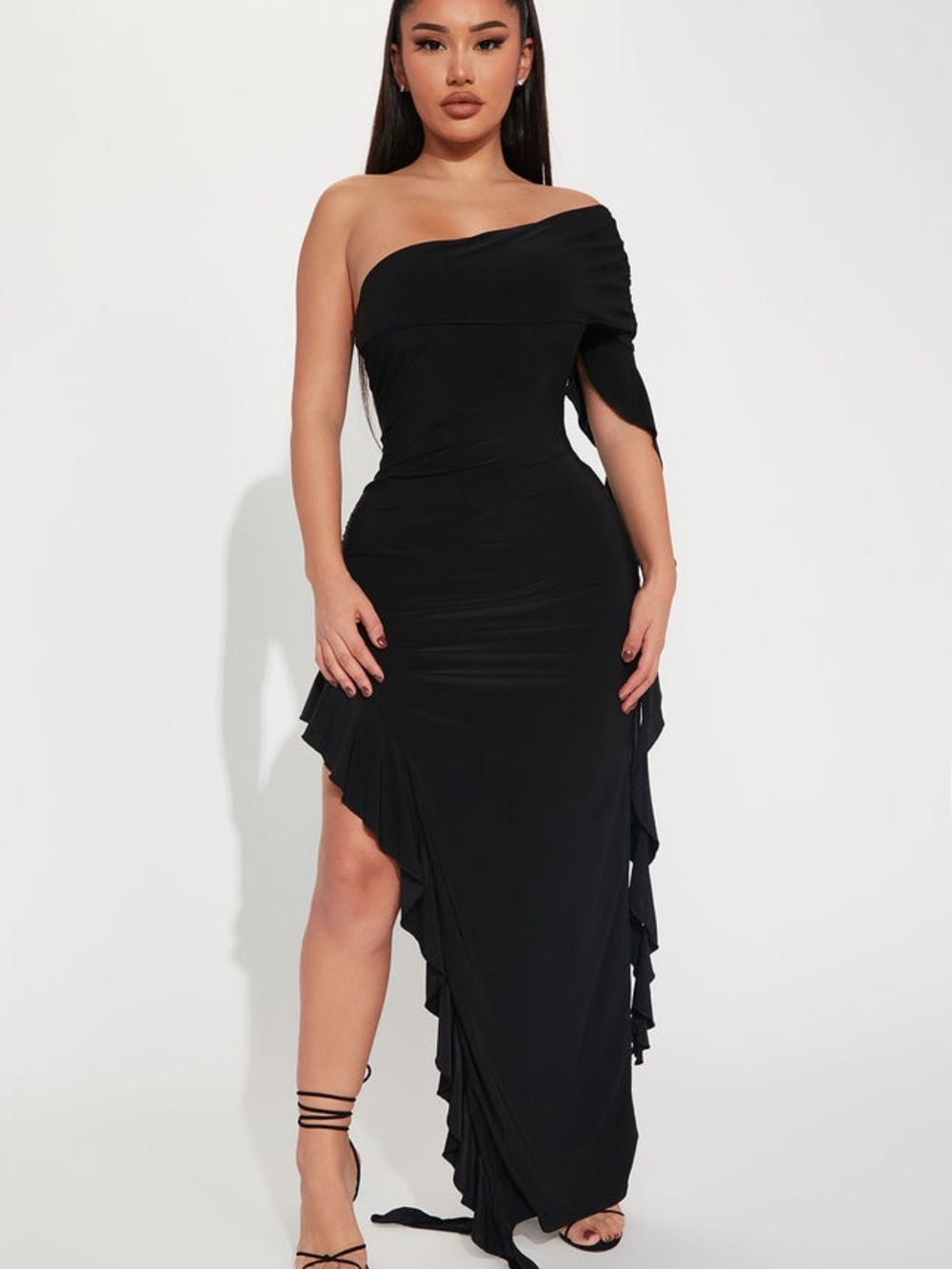 Fashion Nova Black One-Shoulder Ruffle Maxi Dress